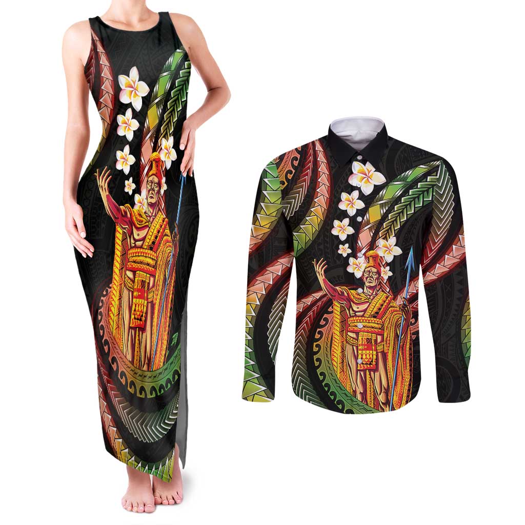 Hawaii King Kamehameha Couples Matching Tank Maxi Dress and Long Sleeve Button Shirt Fantastic Plumeria Reggae