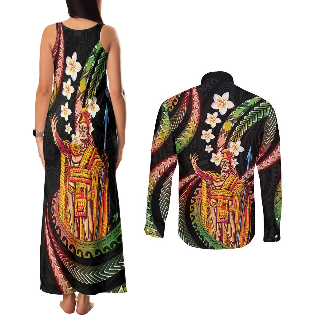 Hawaii King Kamehameha Couples Matching Tank Maxi Dress and Long Sleeve Button Shirt Fantastic Plumeria Reggae