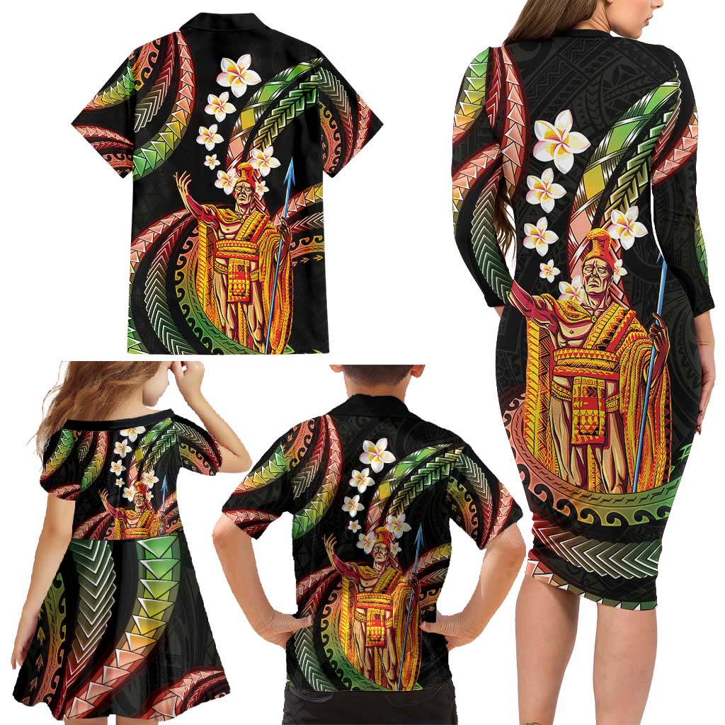 Hawaii King Kamehameha Family Matching Long Sleeve Bodycon Dress and Hawaiian Shirt Fantastic Plumeria Reggae LT01 - Polynesian Pride