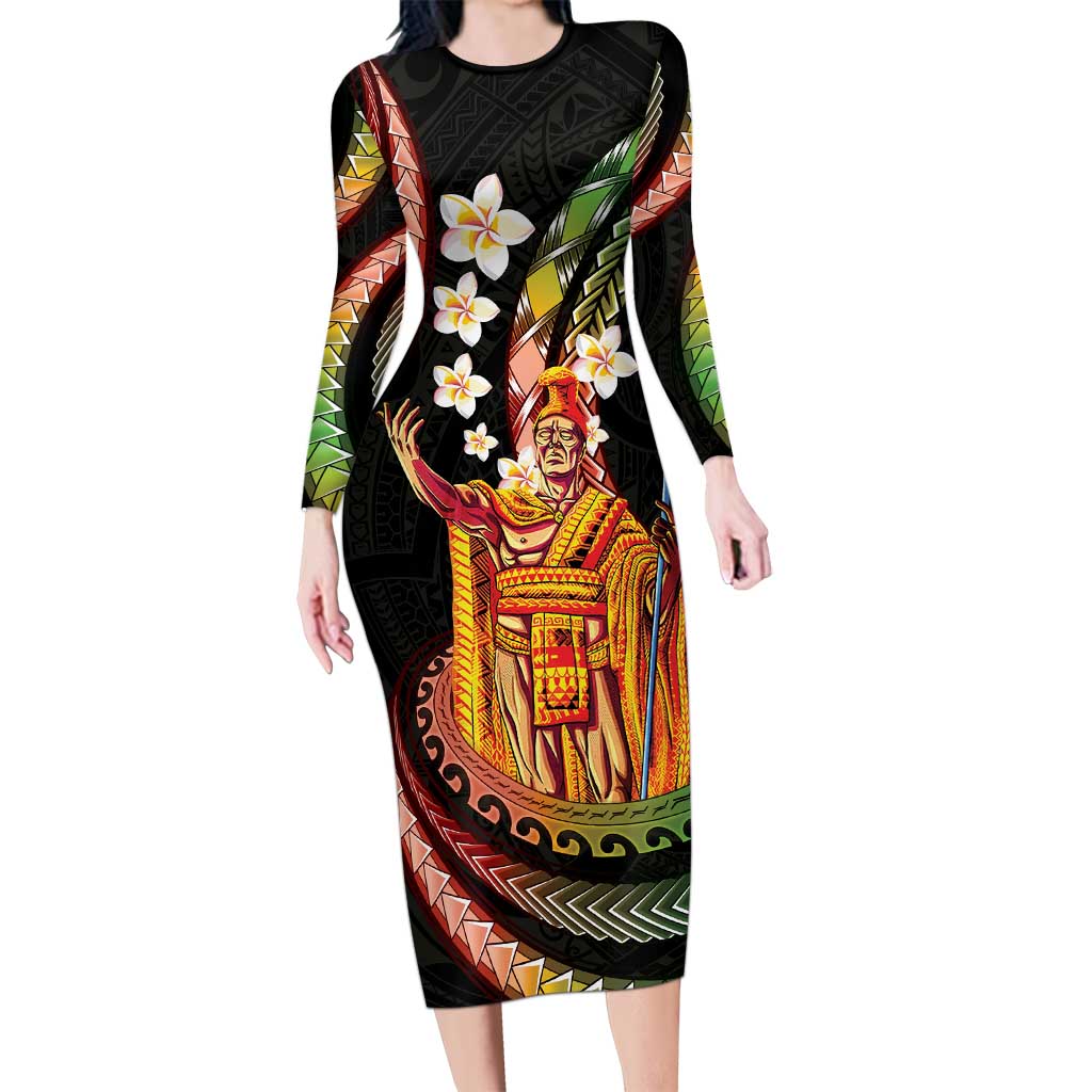 Hawaii King Kamehameha Family Matching Long Sleeve Bodycon Dress and Hawaiian Shirt Fantastic Plumeria Reggae LT01 Mom's Dress Reggae - Polynesian Pride