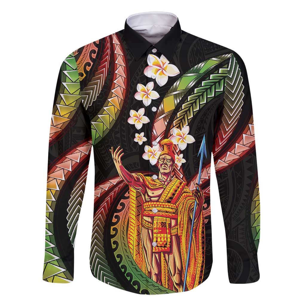 Hawaii King Kamehameha Family Matching Off Shoulder Short Dress and Hawaiian Shirt Fantastic Plumeria Reggae LT01 Dad's Shirt - Long Sleeve Reggae - Polynesian Pride