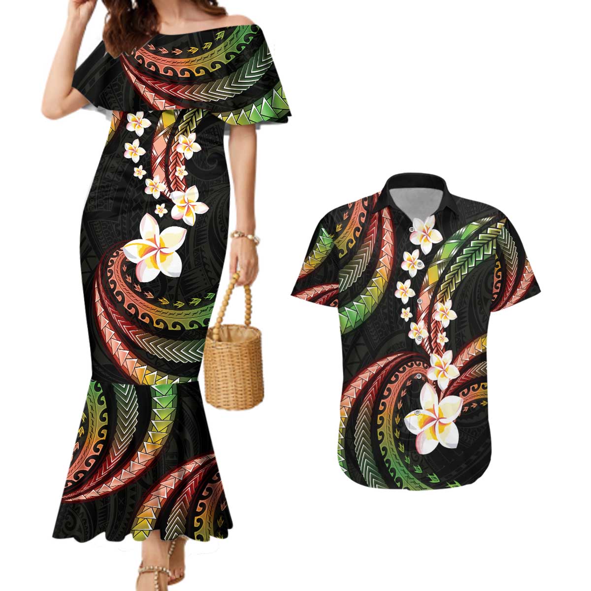 Hawaii Plumeria Reggae Couples Matching Mermaid Dress and Hawaiian Shirt Polynesian Pattern LT01 Reggae - Polynesian Pride