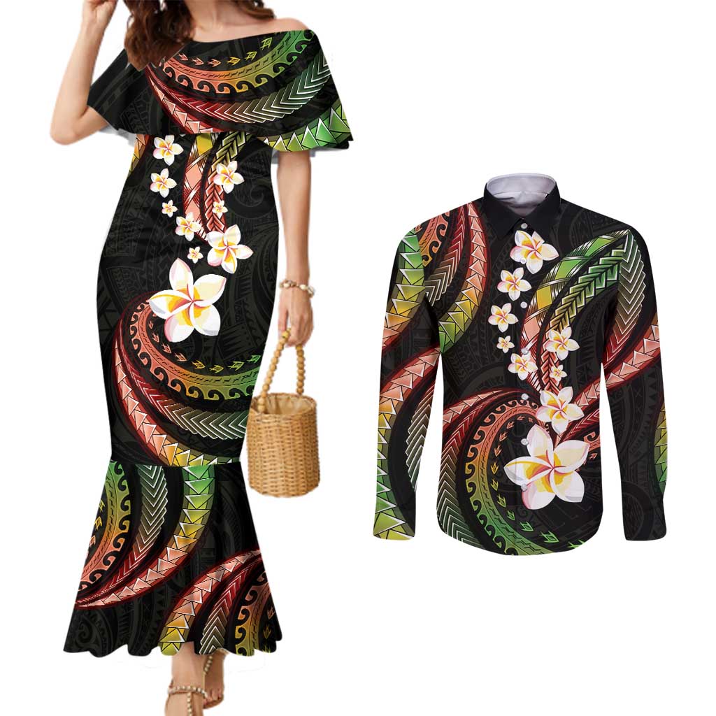 Hawaii Plumeria Reggae Couples Matching Mermaid Dress and Long Sleeve Button Shirt Polynesian Pattern