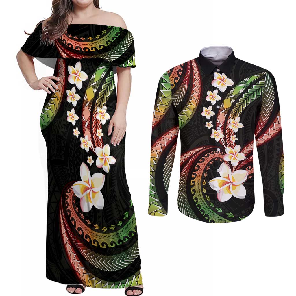 Hawaii Plumeria Reggae Couples Matching Off Shoulder Maxi Dress and Long Sleeve Button Shirt Polynesian Pattern LT01 Reggae - Polynesian Pride