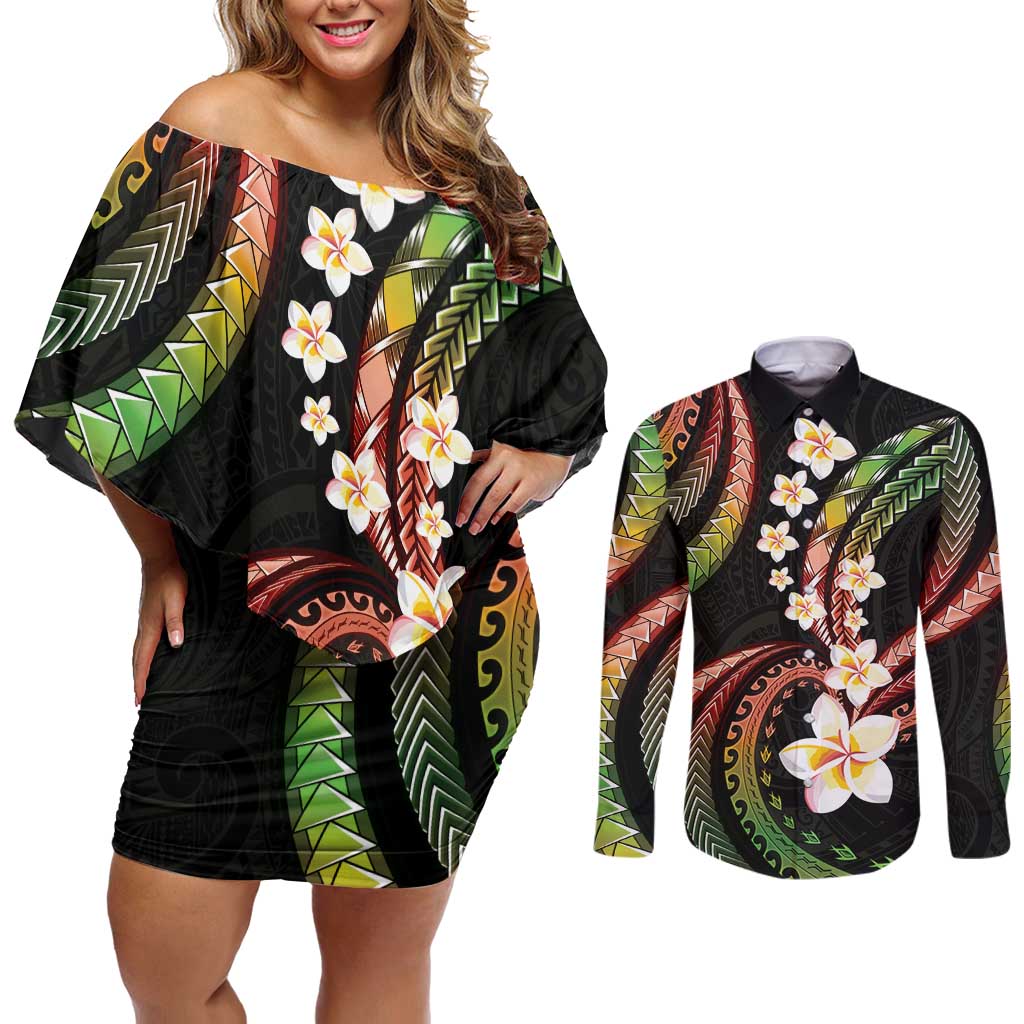 Hawaii Plumeria Reggae Couples Matching Off Shoulder Short Dress and Long Sleeve Button Shirt Polynesian Pattern LT01 Reggae - Polynesian Pride