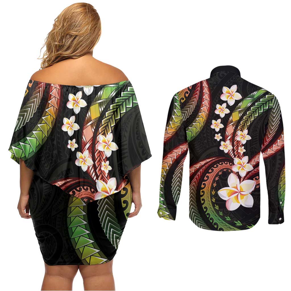 Hawaii Plumeria Reggae Couples Matching Off Shoulder Short Dress and Long Sleeve Button Shirt Polynesian Pattern LT01 - Polynesian Pride