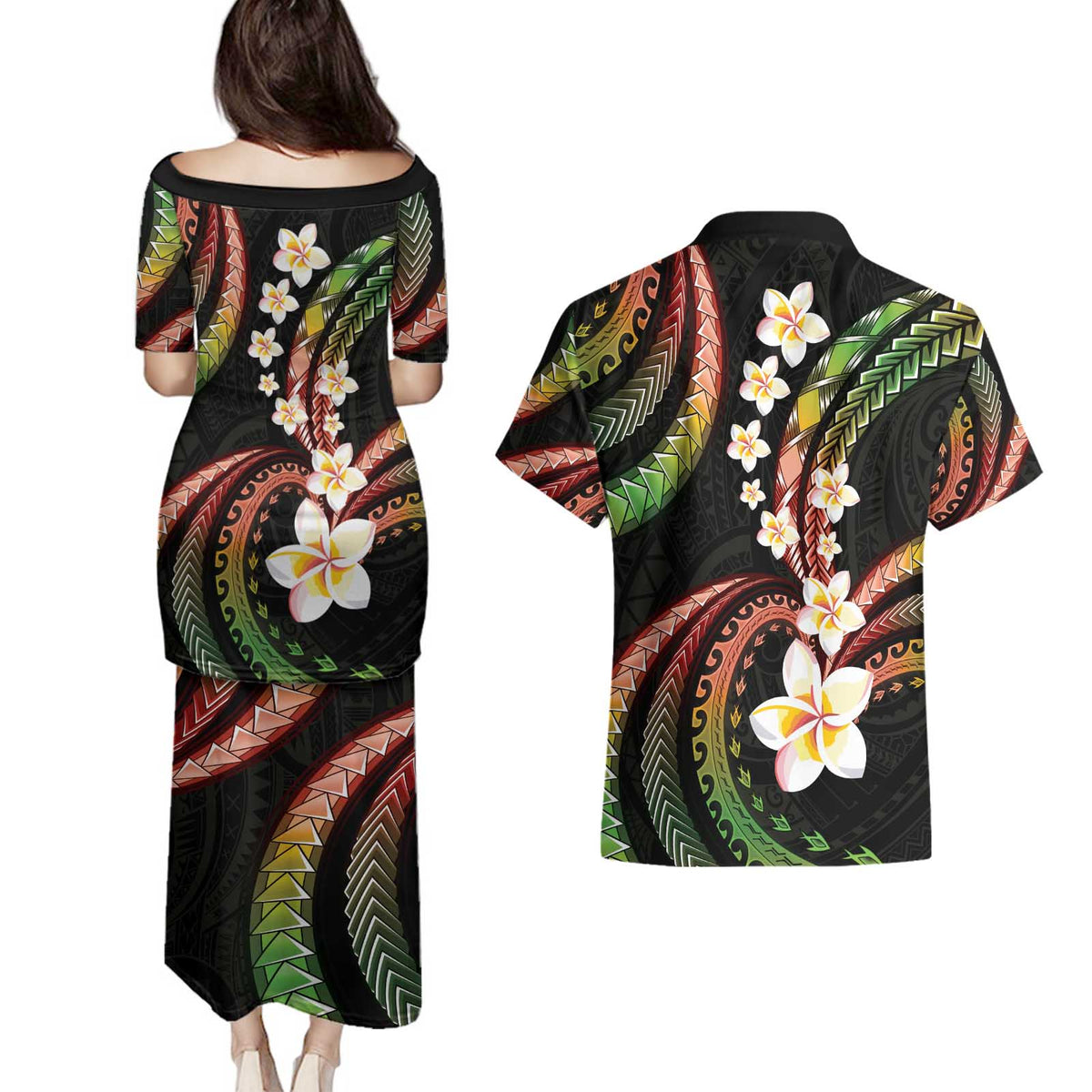Hawaii Plumeria Reggae Couples Matching Puletasi and Hawaiian Shirt Polynesian Pattern