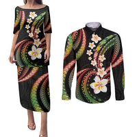 Hawaii Plumeria Reggae Couples Matching Puletasi and Long Sleeve Button Shirt Polynesian Pattern