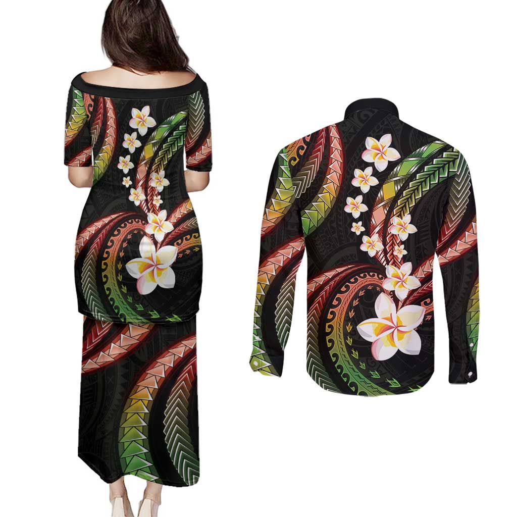 Hawaii Plumeria Reggae Couples Matching Puletasi and Long Sleeve Button Shirt Polynesian Pattern