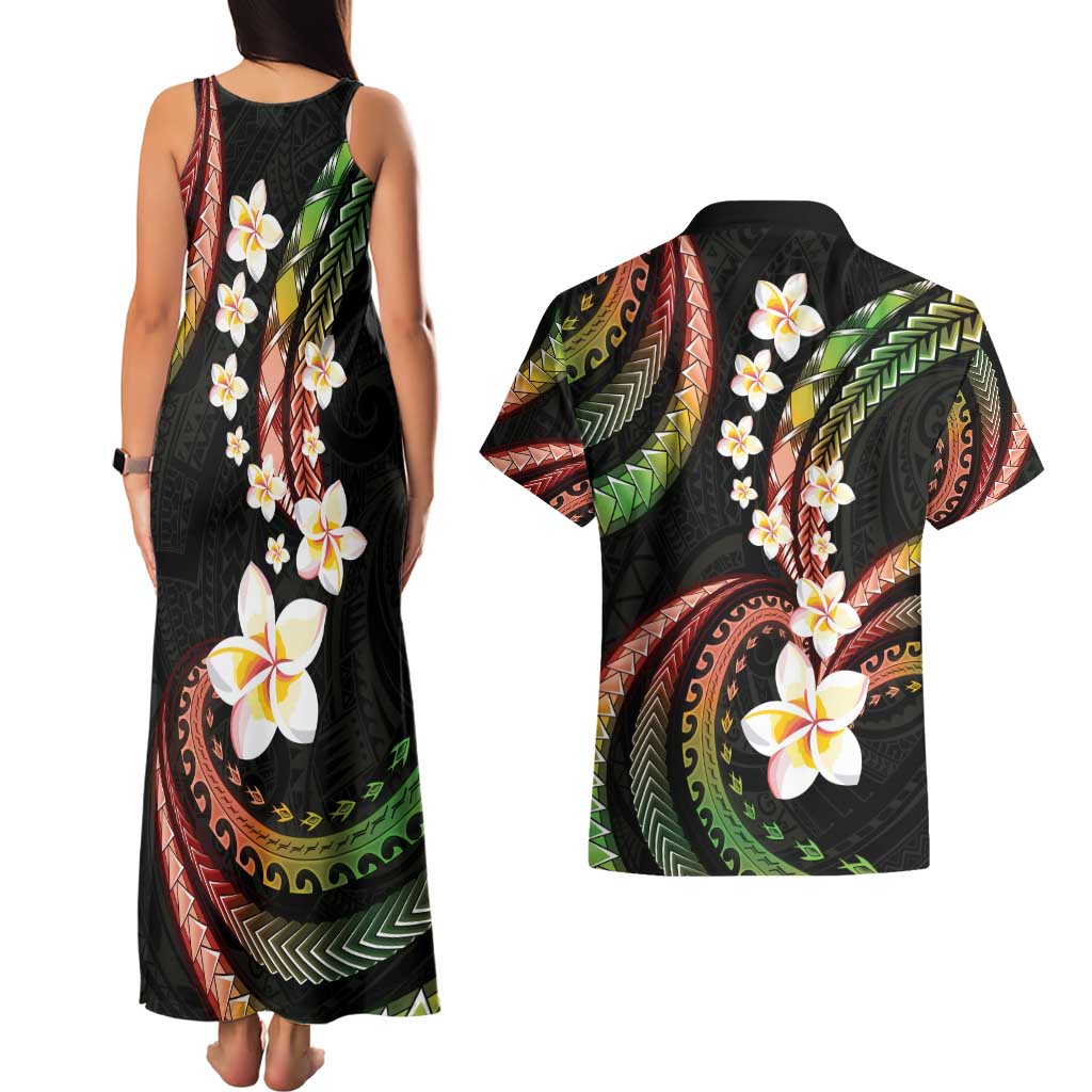 Hawaii Plumeria Reggae Couples Matching Tank Maxi Dress and Hawaiian Shirt Polynesian Pattern