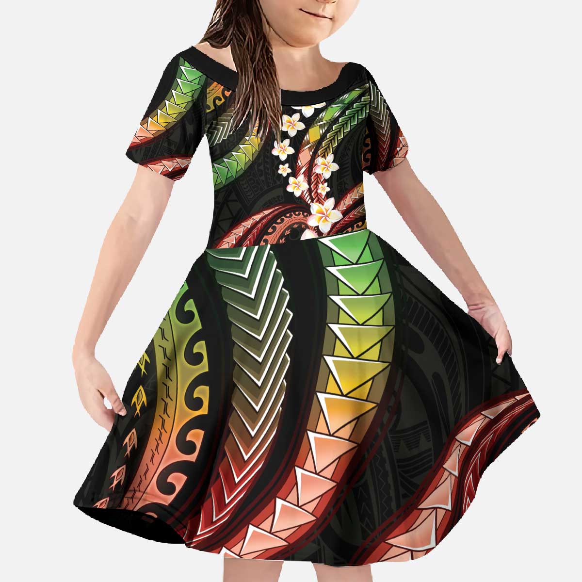 Hawaii Plumeria Reggae Family Matching Off The Shoulder Long Sleeve Dress and Hawaiian Shirt Polynesian Pattern