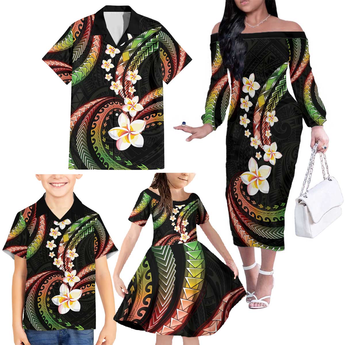 Hawaii Plumeria Reggae Family Matching Off The Shoulder Long Sleeve Dress and Hawaiian Shirt Polynesian Pattern LT01 - Polynesian Pride
