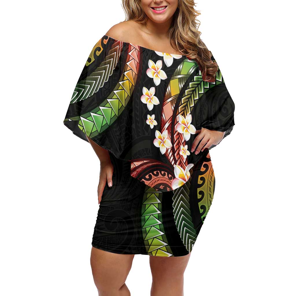 Hawaii Plumeria Reggae Family Matching Off Shoulder Short Dress and Hawaiian Shirt Polynesian Pattern