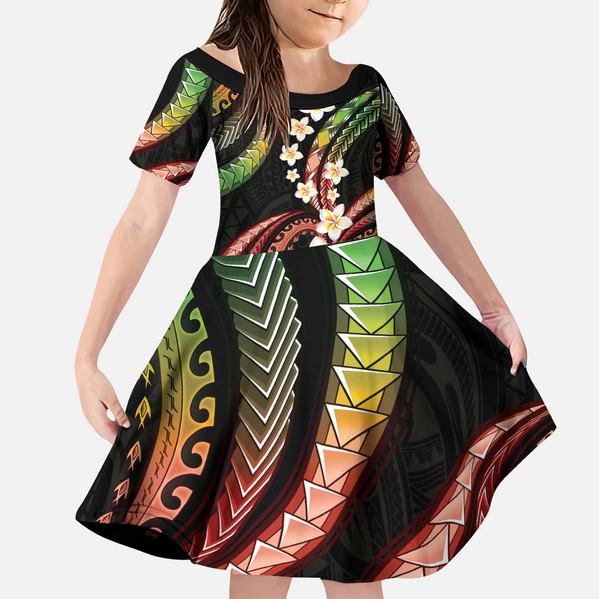 Hawaii Plumeria Reggae Kid Short Sleeve Dress Polynesian Pattern