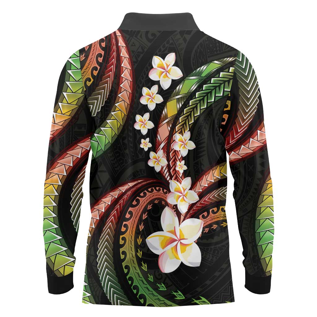 Hawaii Plumeria Reggae Long Sleeve Polo Shirt Polynesian Pattern