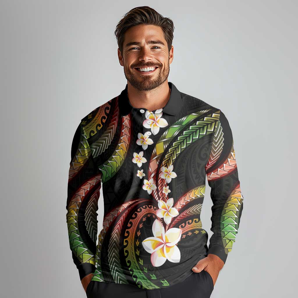 Hawaii Plumeria Reggae Long Sleeve Polo Shirt Polynesian Pattern