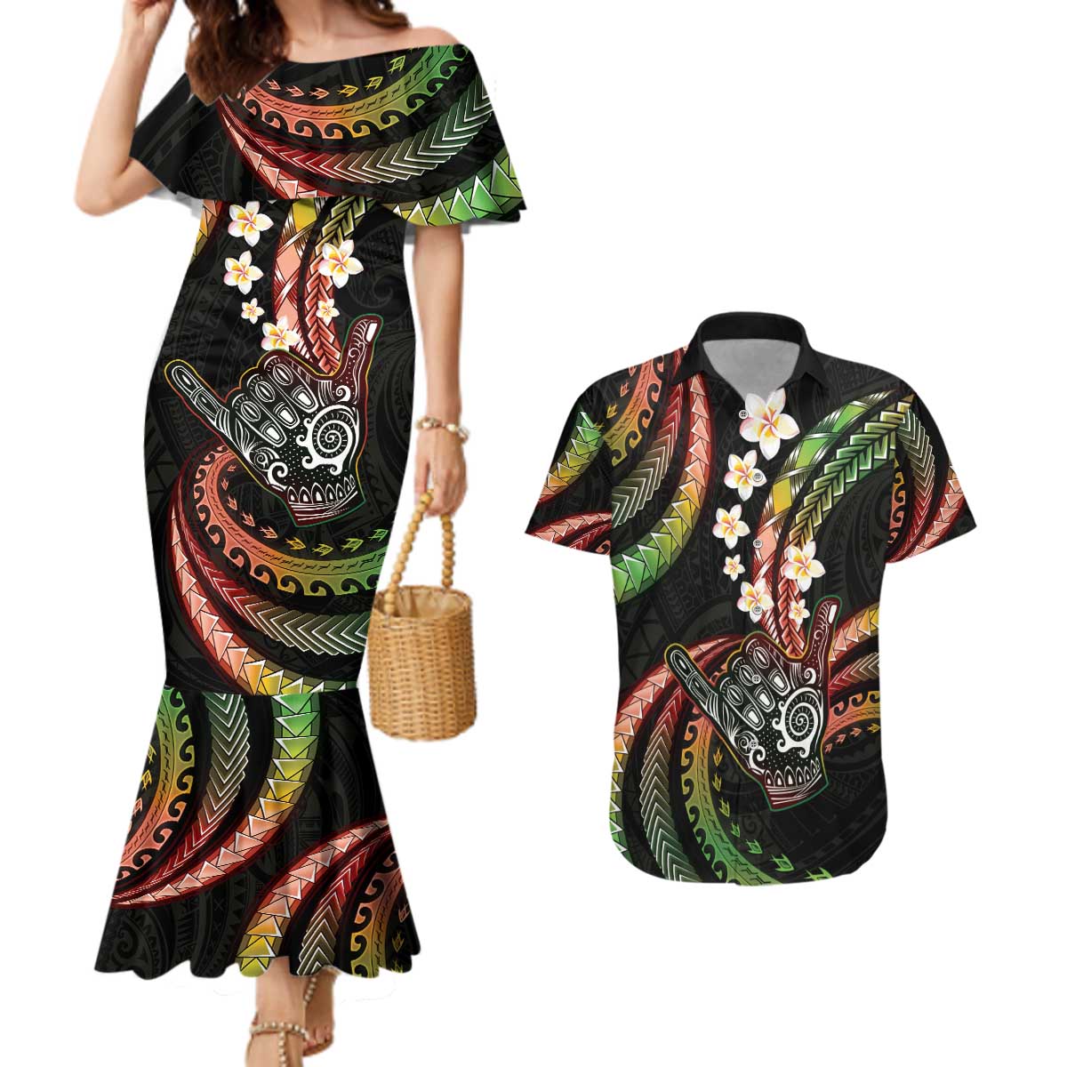 Hawaii Shaka Sign Couples Matching Mermaid Dress and Hawaiian Shirt Fantastic Frangipani Reggae