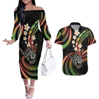 Hawaii Shaka Sign Couples Matching Off The Shoulder Long Sleeve Dress and Hawaiian Shirt Fantastic Frangipani Reggae LT01 Reggae - Polynesian Pride