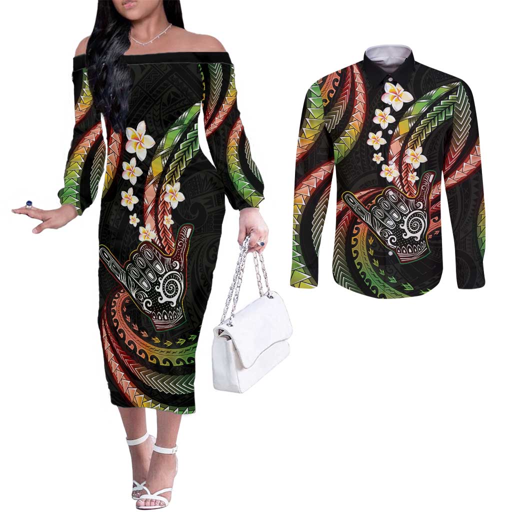 Hawaii Shaka Sign Couples Matching Off The Shoulder Long Sleeve Dress and Long Sleeve Button Shirt Fantastic Frangipani Reggae