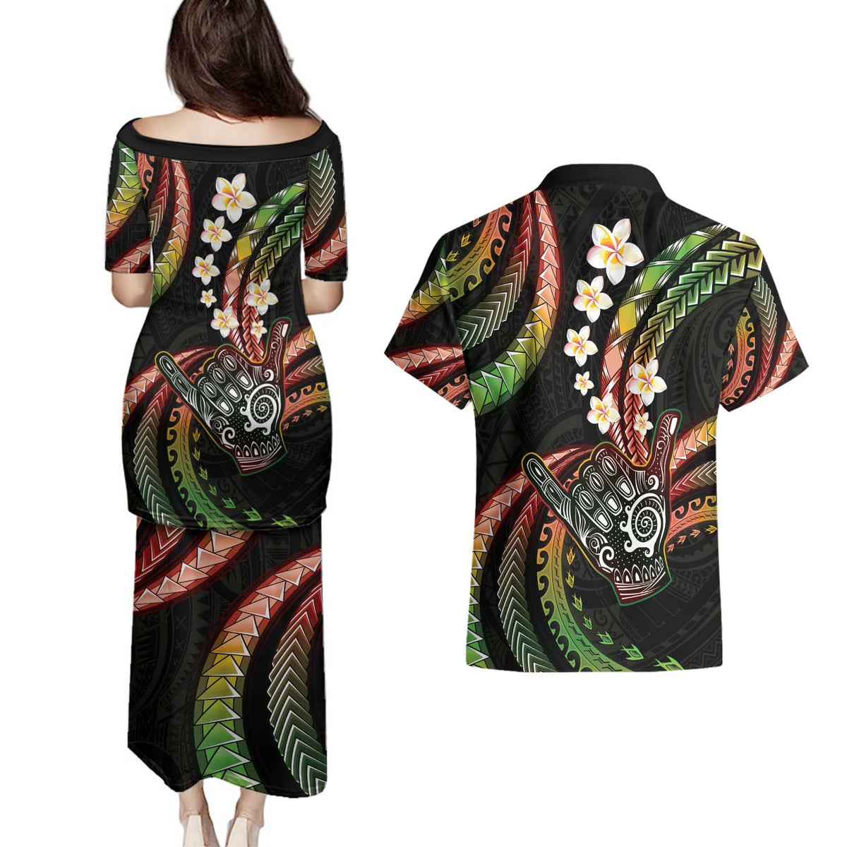 Hawaii Shaka Sign Couples Matching Puletasi and Hawaiian Shirt Fantastic Frangipani Reggae