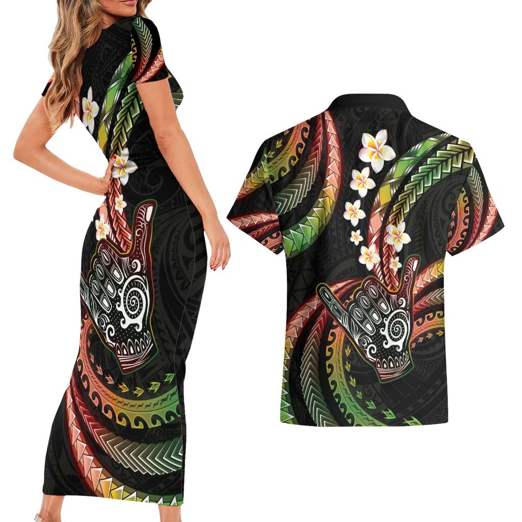 Hawaii Shaka Sign Couples Matching Short Sleeve Bodycon Dress and Hawaiian Shirt Fantastic Frangipani Reggae LT01 - Polynesian Pride