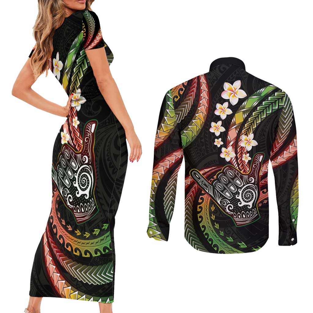 Hawaii Shaka Sign Couples Matching Short Sleeve Bodycon Dress and Long Sleeve Button Shirt Fantastic Frangipani Reggae