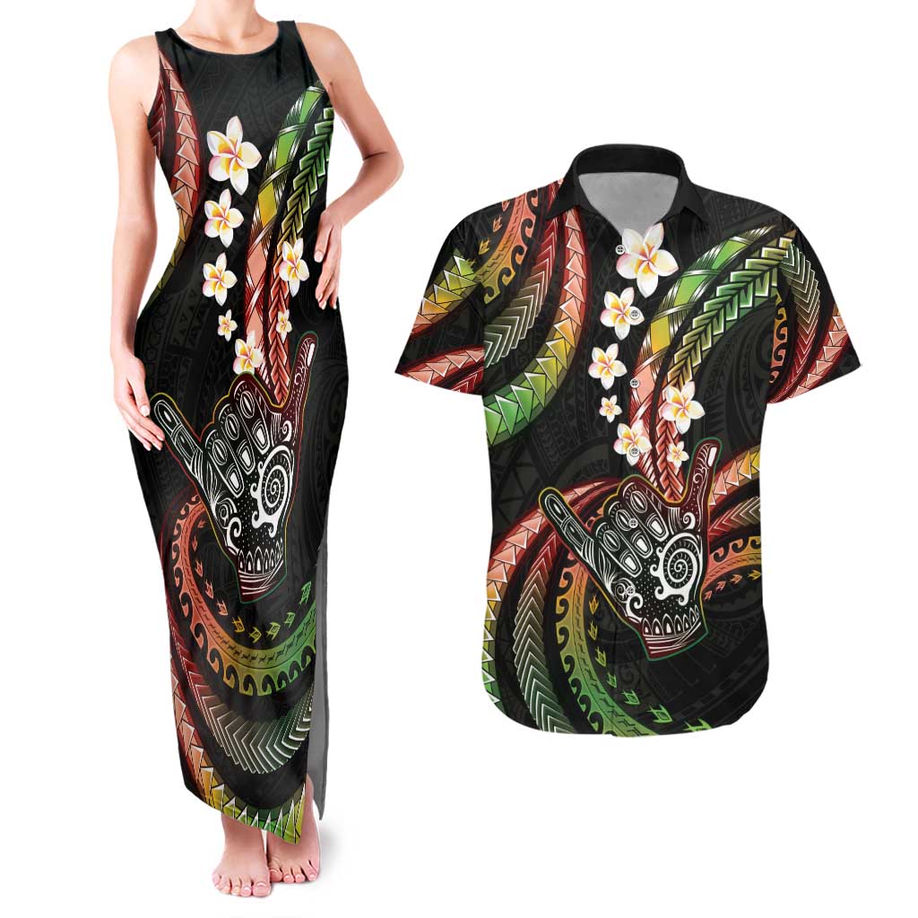 Hawaii Shaka Sign Couples Matching Tank Maxi Dress and Hawaiian Shirt Fantastic Frangipani Reggae