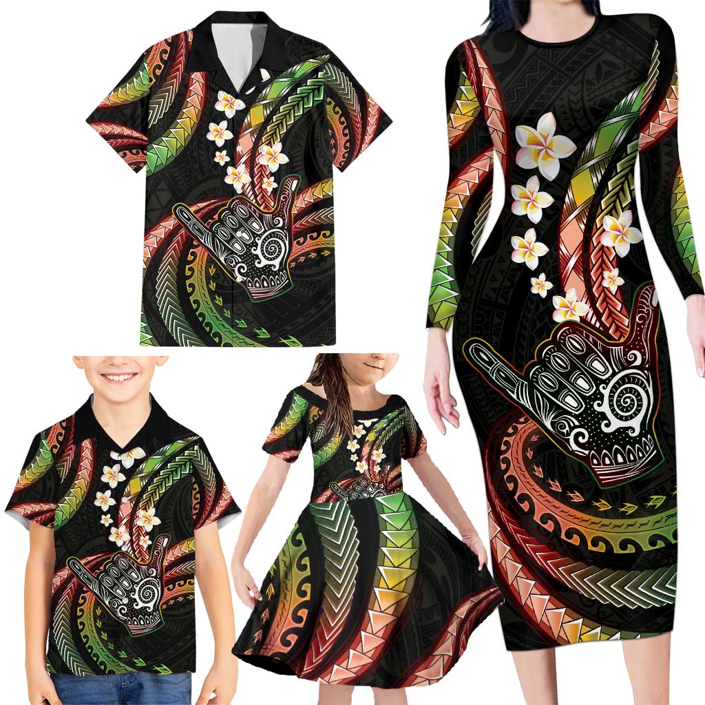 Hawaii Shaka Sign Family Matching Long Sleeve Bodycon Dress and Hawaiian Shirt Fantastic Frangipani Reggae LT01 - Polynesian Pride