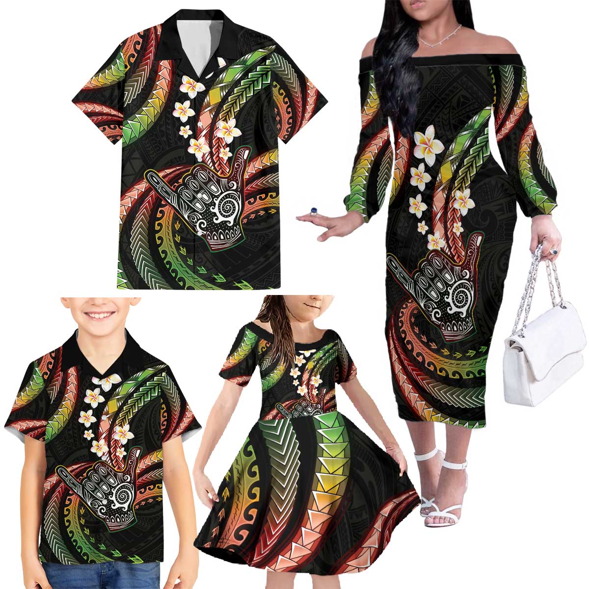 Hawaii Shaka Sign Family Matching Off The Shoulder Long Sleeve Dress and Hawaiian Shirt Fantastic Frangipani Reggae LT01 - Polynesian Pride
