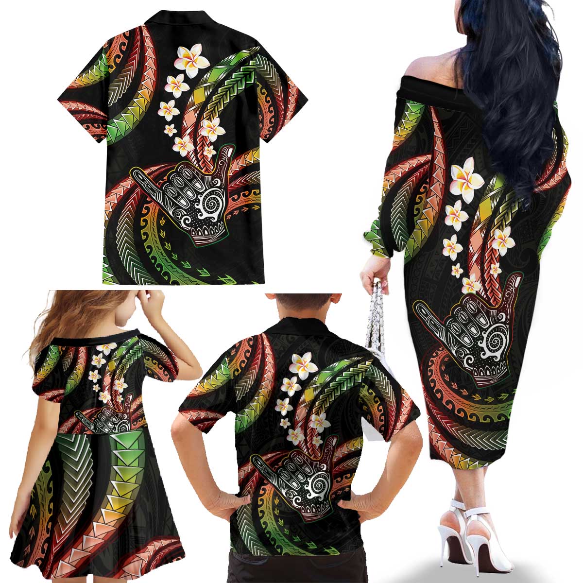 Hawaii Shaka Sign Family Matching Off The Shoulder Long Sleeve Dress and Hawaiian Shirt Fantastic Frangipani Reggae LT01 - Polynesian Pride