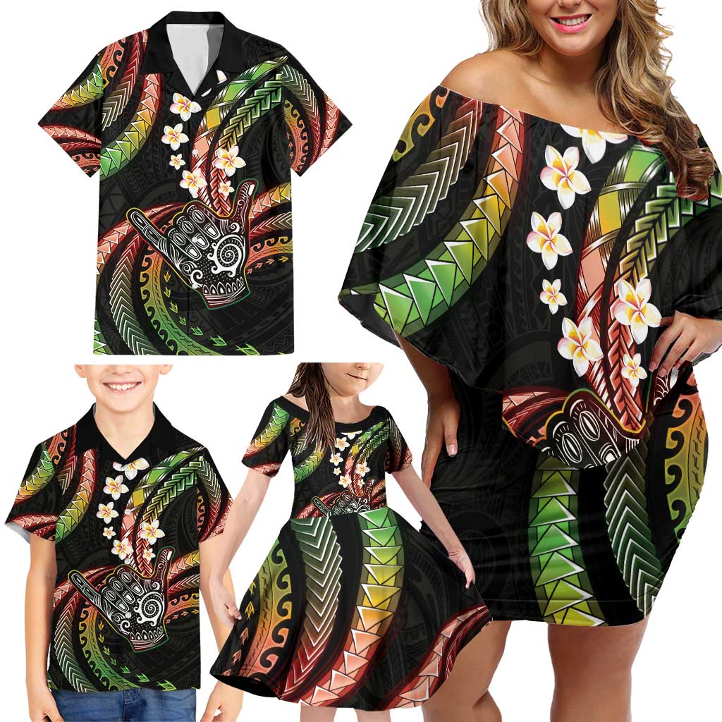 Hawaii Shaka Sign Family Matching Off Shoulder Short Dress and Hawaiian Shirt Fantastic Frangipani Reggae LT01 - Polynesian Pride