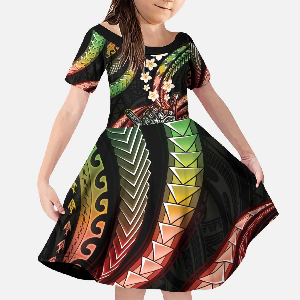 Hawaii Shaka Sign Family Matching Short Sleeve Bodycon Dress and Hawaiian Shirt Fantastic Frangipani Reggae LT01 Daughter's Dress Reggae - Polynesian Pride
