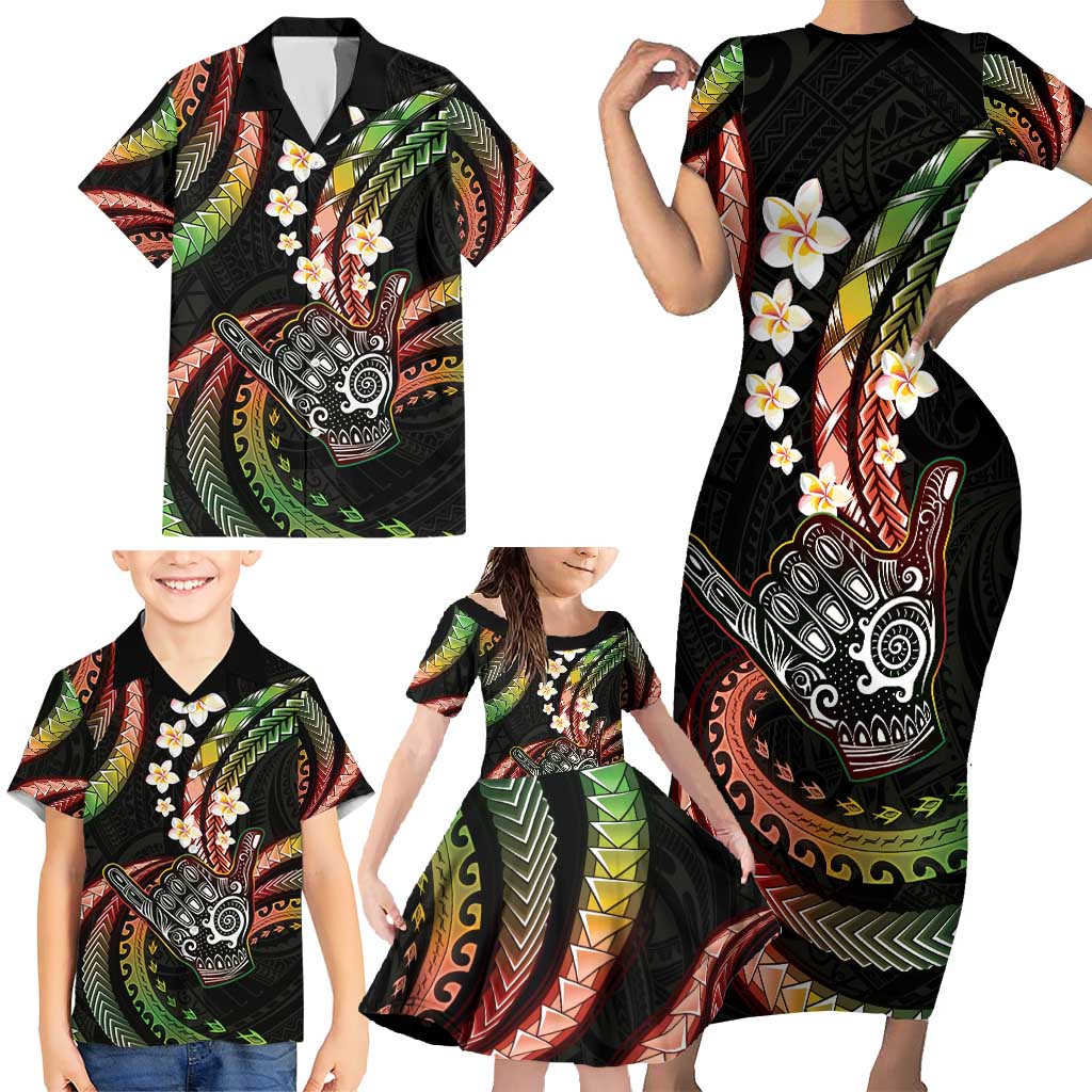 Hawaii Shaka Sign Family Matching Short Sleeve Bodycon Dress and Hawaiian Shirt Fantastic Frangipani Reggae LT01 - Polynesian Pride