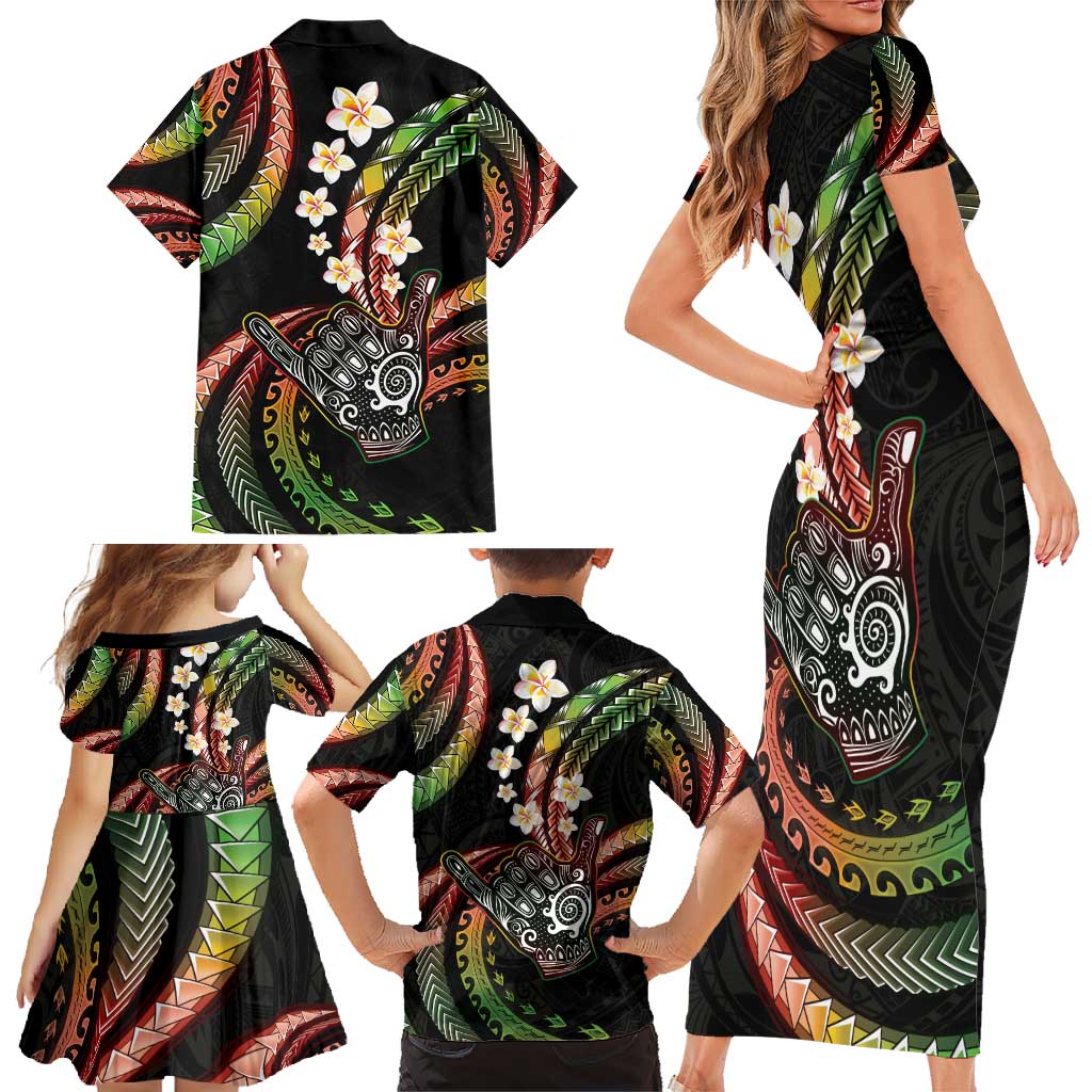Hawaii Shaka Sign Family Matching Short Sleeve Bodycon Dress and Hawaiian Shirt Fantastic Frangipani Reggae LT01 - Polynesian Pride
