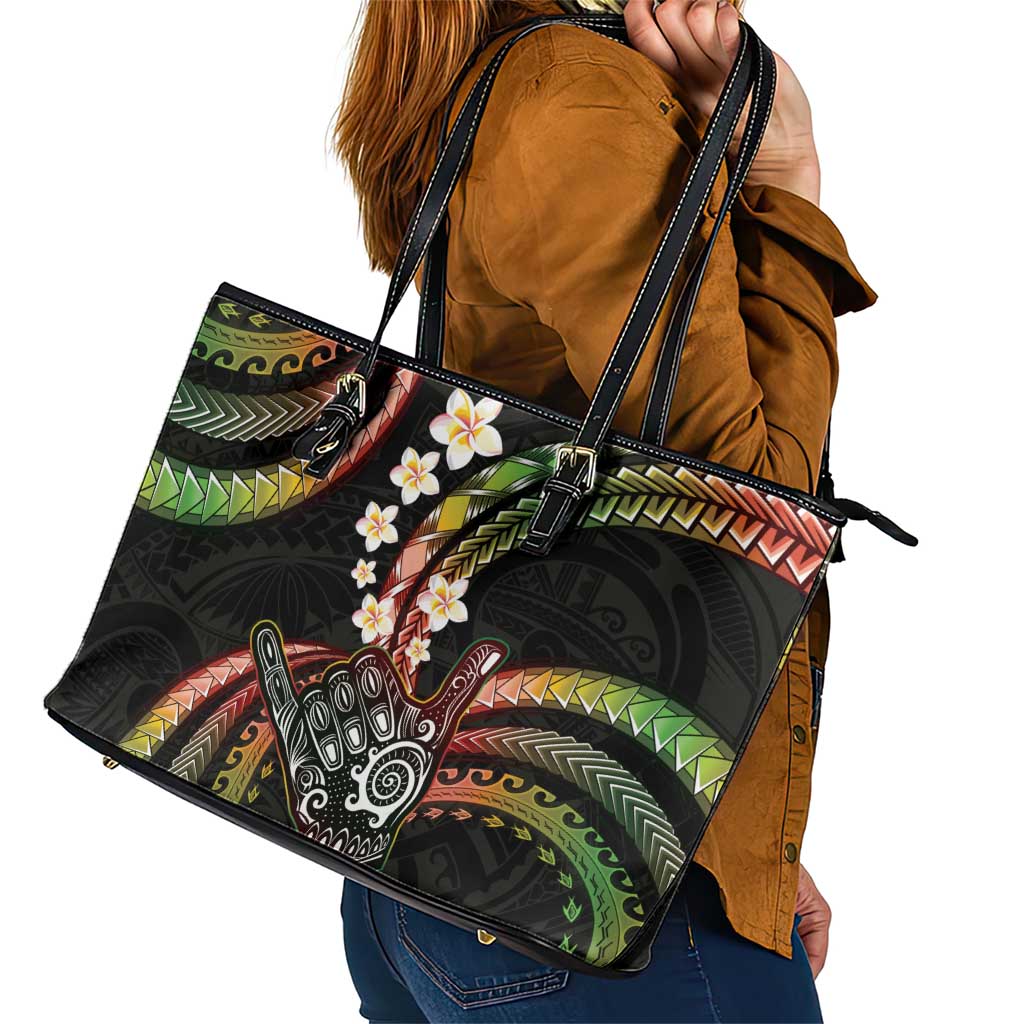 Hawaii Shaka Sign Leather Tote Bag Fantastic Frangipani Reggae