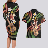 Hawaiian Ukulele Couples Matching Long Sleeve Bodycon Dress and Hawaiian Shirt Jawaiian Fantastic Plumeria LT01 - Polynesian Pride