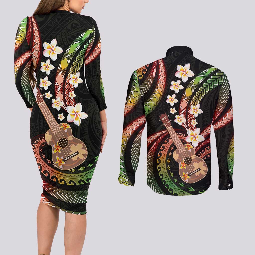 Hawaiian Ukulele Couples Matching Long Sleeve Bodycon Dress and Long Sleeve Button Shirt Jawaiian Fantastic Plumeria LT01 - Polynesian Pride