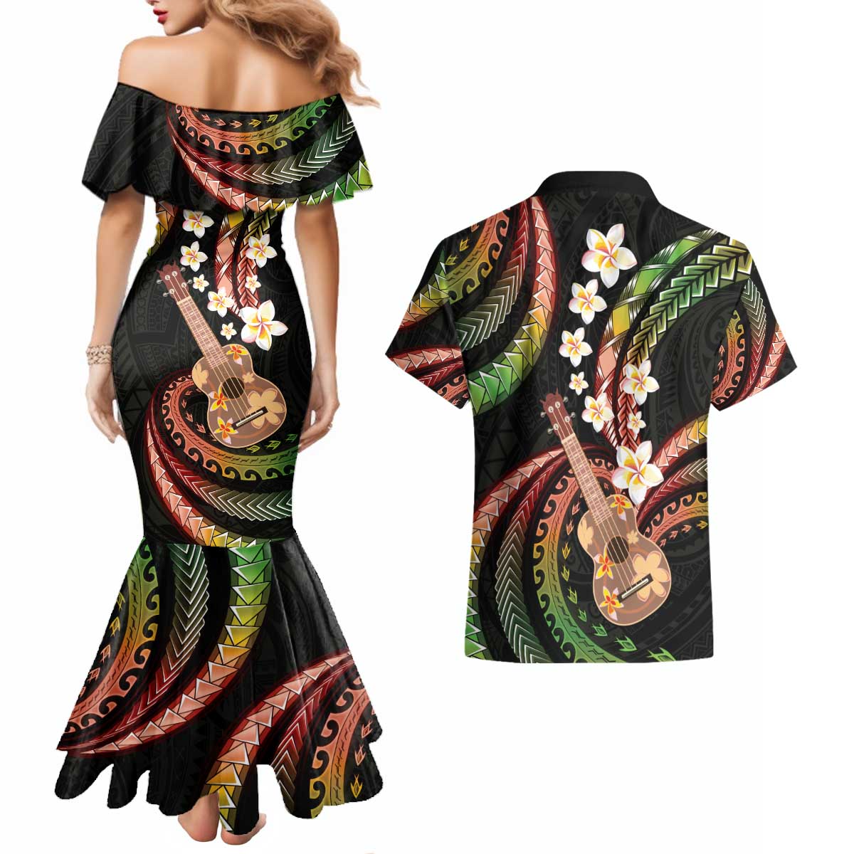 Hawaiian Ukulele Couples Matching Mermaid Dress and Hawaiian Shirt Jawaiian Fantastic Plumeria LT01 - Polynesian Pride
