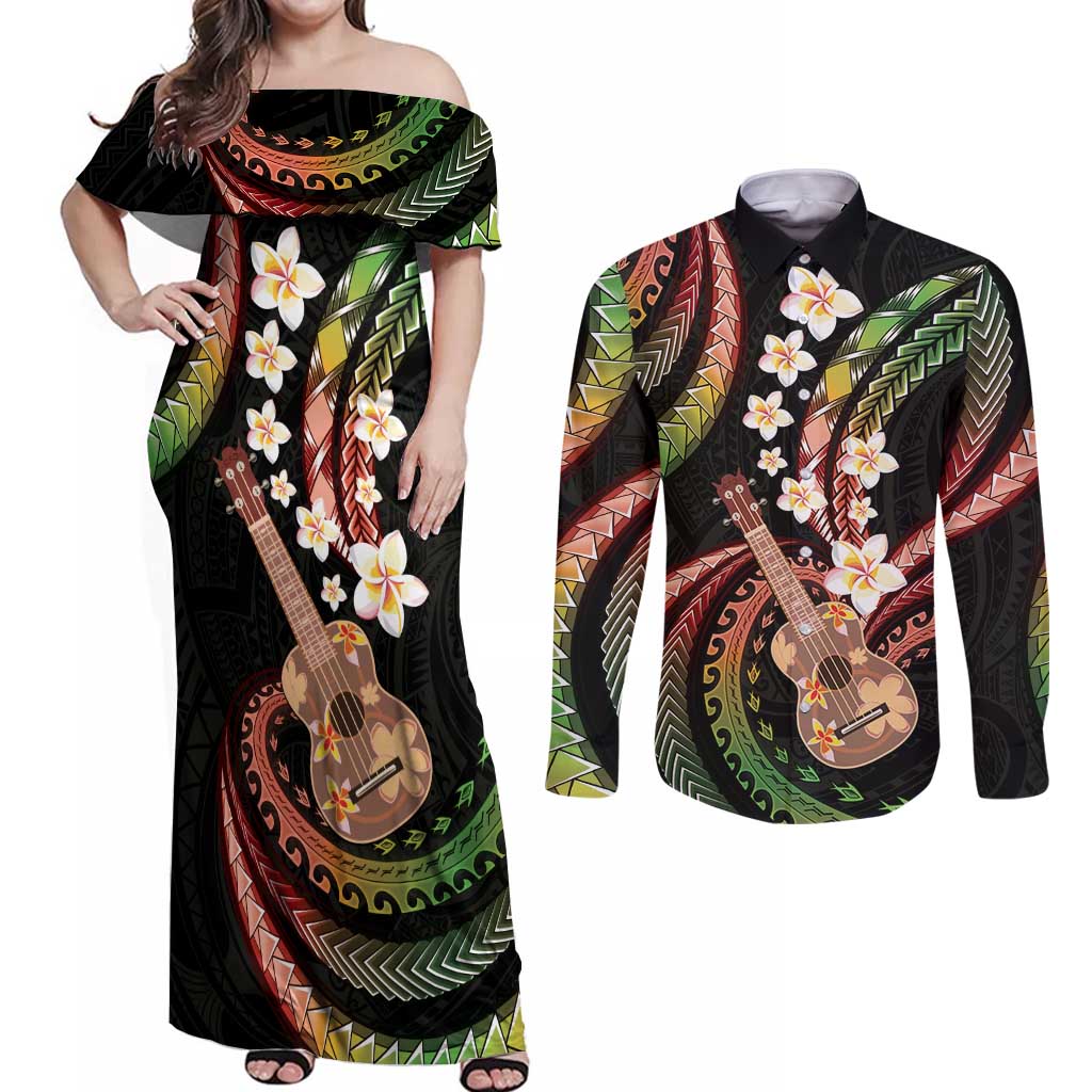 Hawaiian Ukulele Couples Matching Off Shoulder Maxi Dress and Long Sleeve Button Shirt Jawaiian Fantastic Plumeria