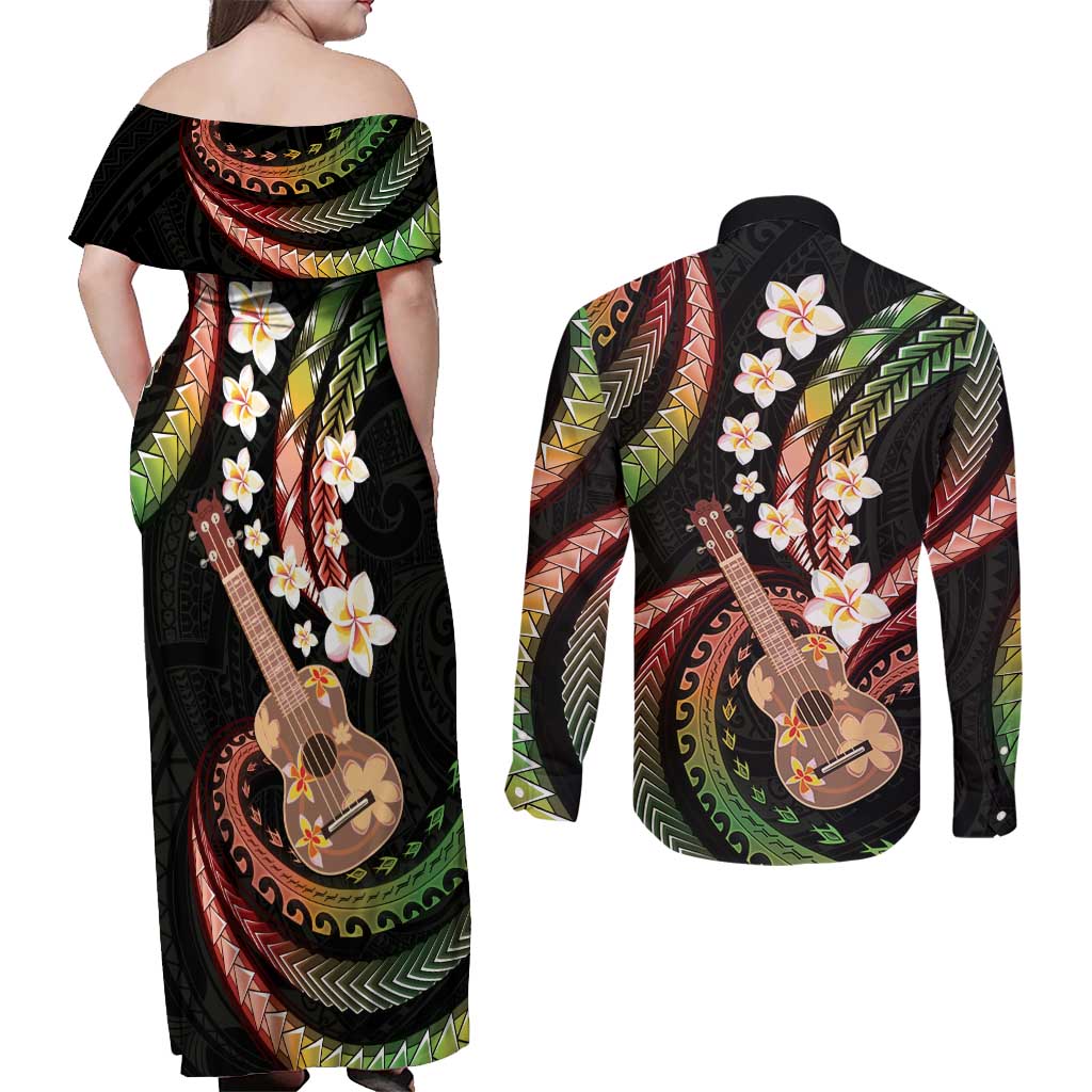 Hawaiian Ukulele Couples Matching Off Shoulder Maxi Dress and Long Sleeve Button Shirt Jawaiian Fantastic Plumeria