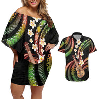 Hawaiian Ukulele Couples Matching Off Shoulder Short Dress and Hawaiian Shirt Jawaiian Fantastic Plumeria LT01 Reggae - Polynesian Pride