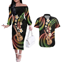 Hawaiian Ukulele Couples Matching Off The Shoulder Long Sleeve Dress and Hawaiian Shirt Jawaiian Fantastic Plumeria LT01 Reggae - Polynesian Pride