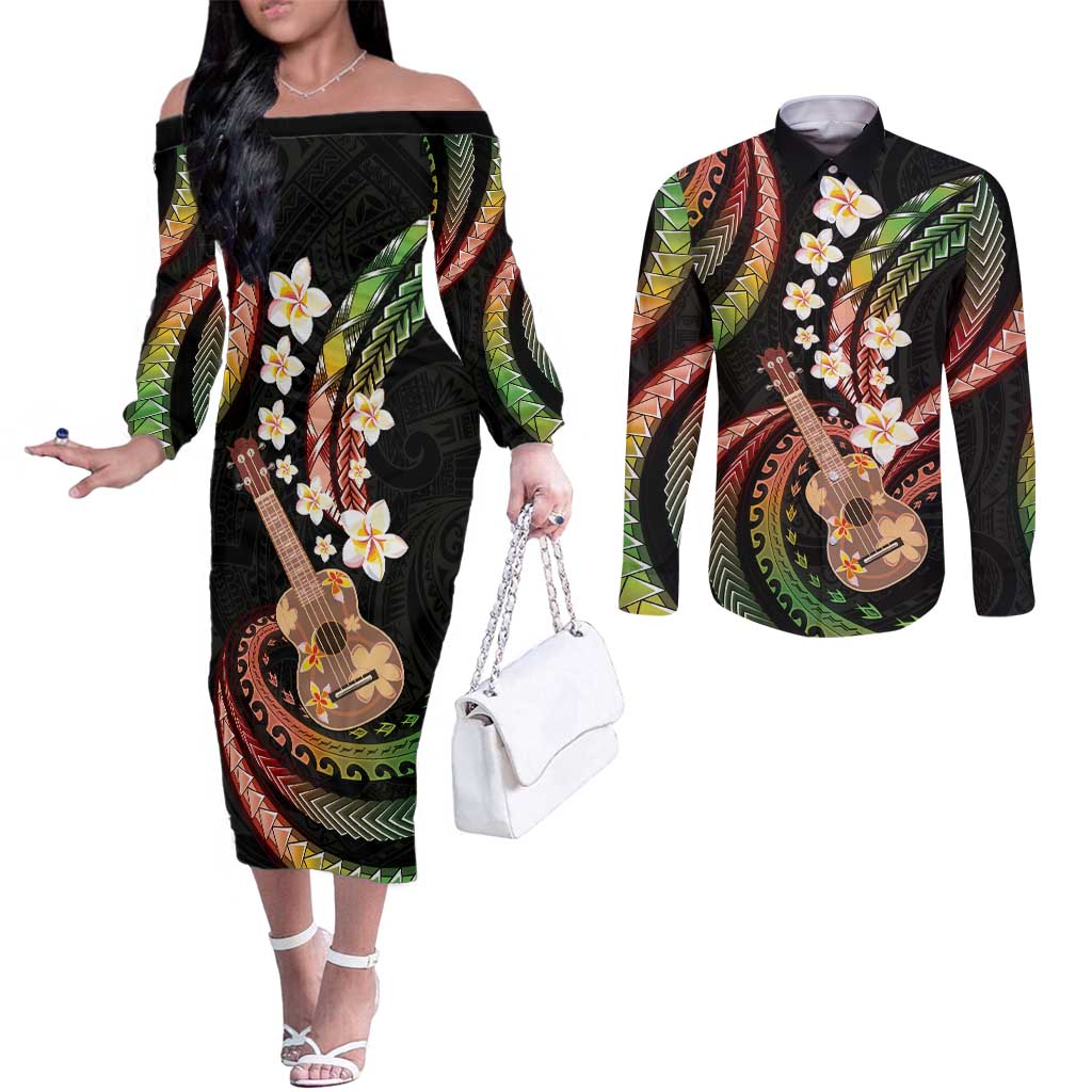 Hawaiian Ukulele Couples Matching Off The Shoulder Long Sleeve Dress and Long Sleeve Button Shirt Jawaiian Fantastic Plumeria LT01 Reggae - Polynesian Pride