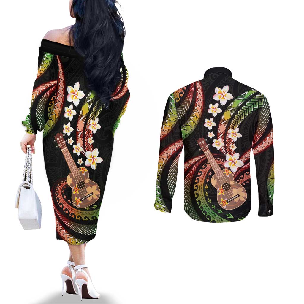 Hawaiian Ukulele Couples Matching Off The Shoulder Long Sleeve Dress and Long Sleeve Button Shirt Jawaiian Fantastic Plumeria LT01 - Polynesian Pride