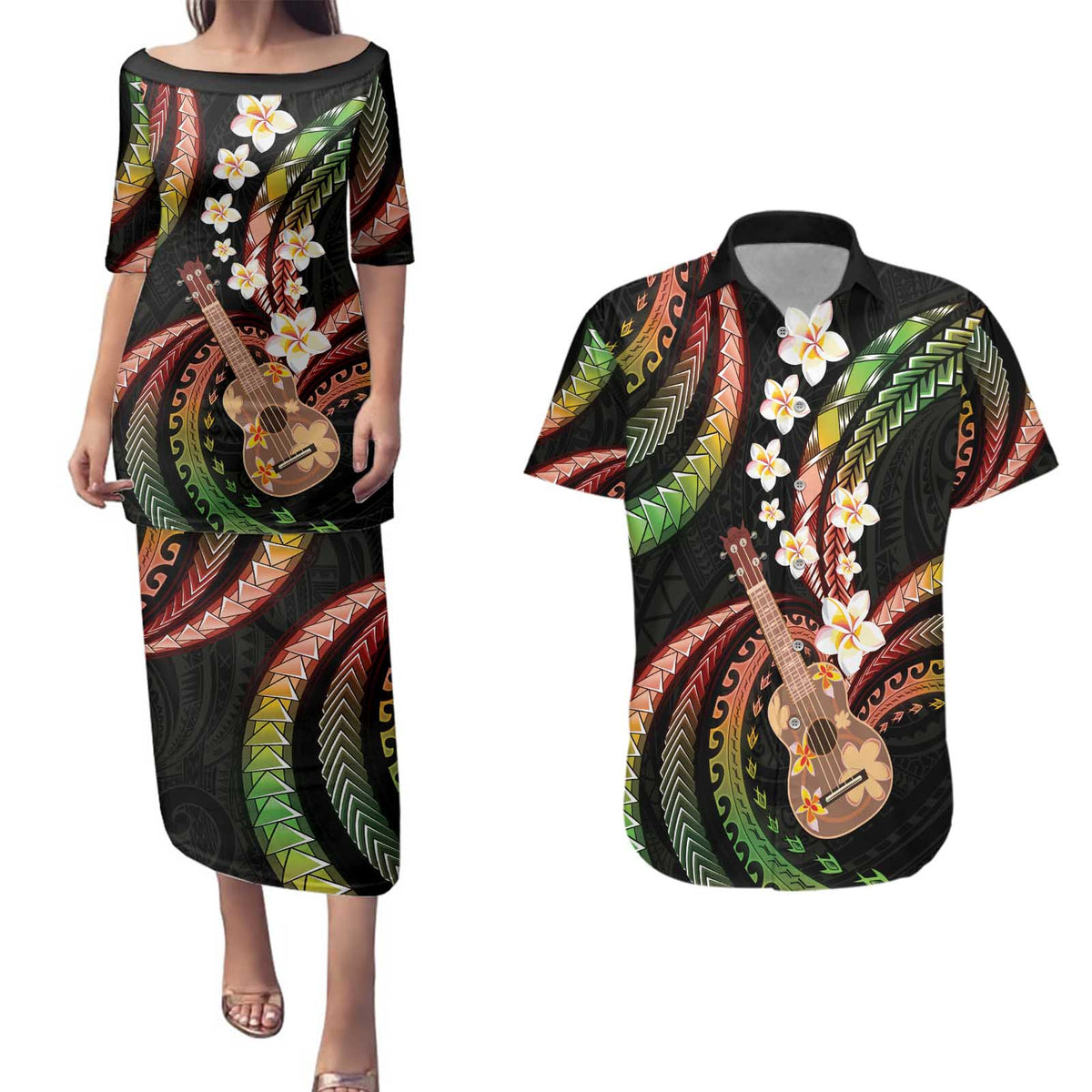 Hawaiian Ukulele Couples Matching Puletasi and Hawaiian Shirt Jawaiian Fantastic Plumeria