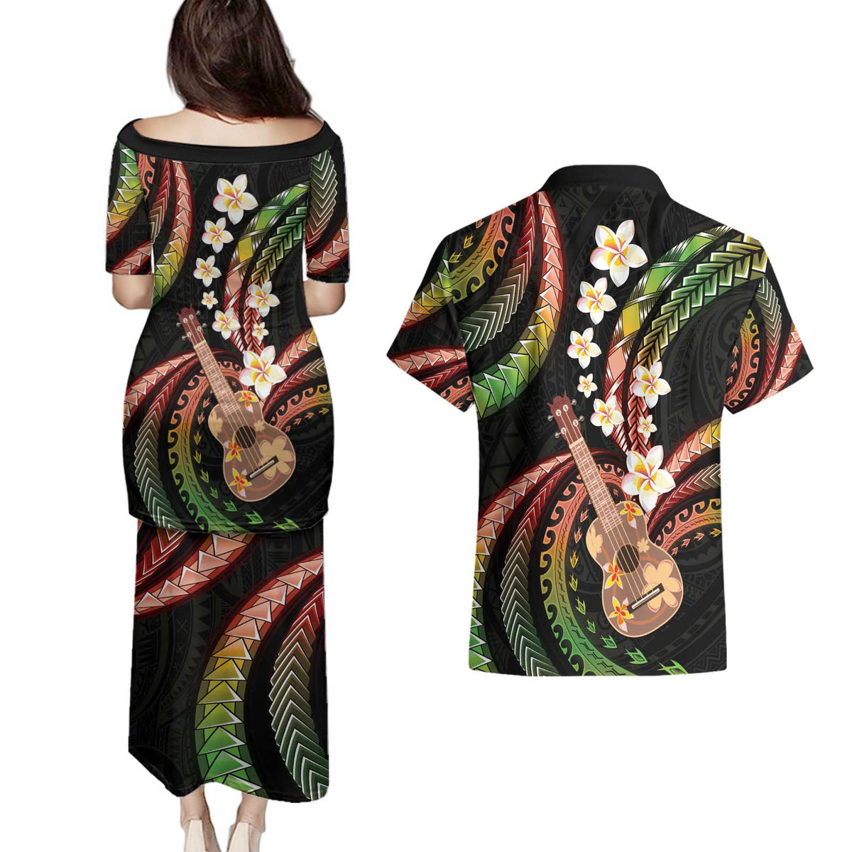 Hawaiian Ukulele Couples Matching Puletasi and Hawaiian Shirt Jawaiian Fantastic Plumeria