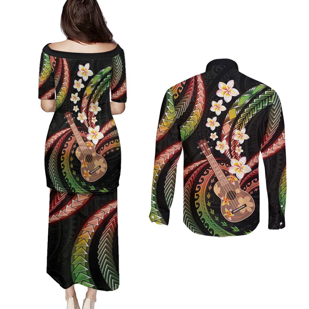 Hawaiian Ukulele Couples Matching Puletasi and Long Sleeve Button Shirt Jawaiian Fantastic Plumeria