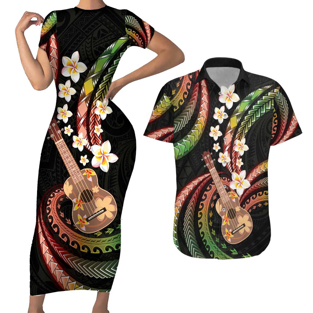 Hawaiian Ukulele Couples Matching Short Sleeve Bodycon Dress and Hawaiian Shirt Jawaiian Fantastic Plumeria LT01 Reggae - Polynesian Pride