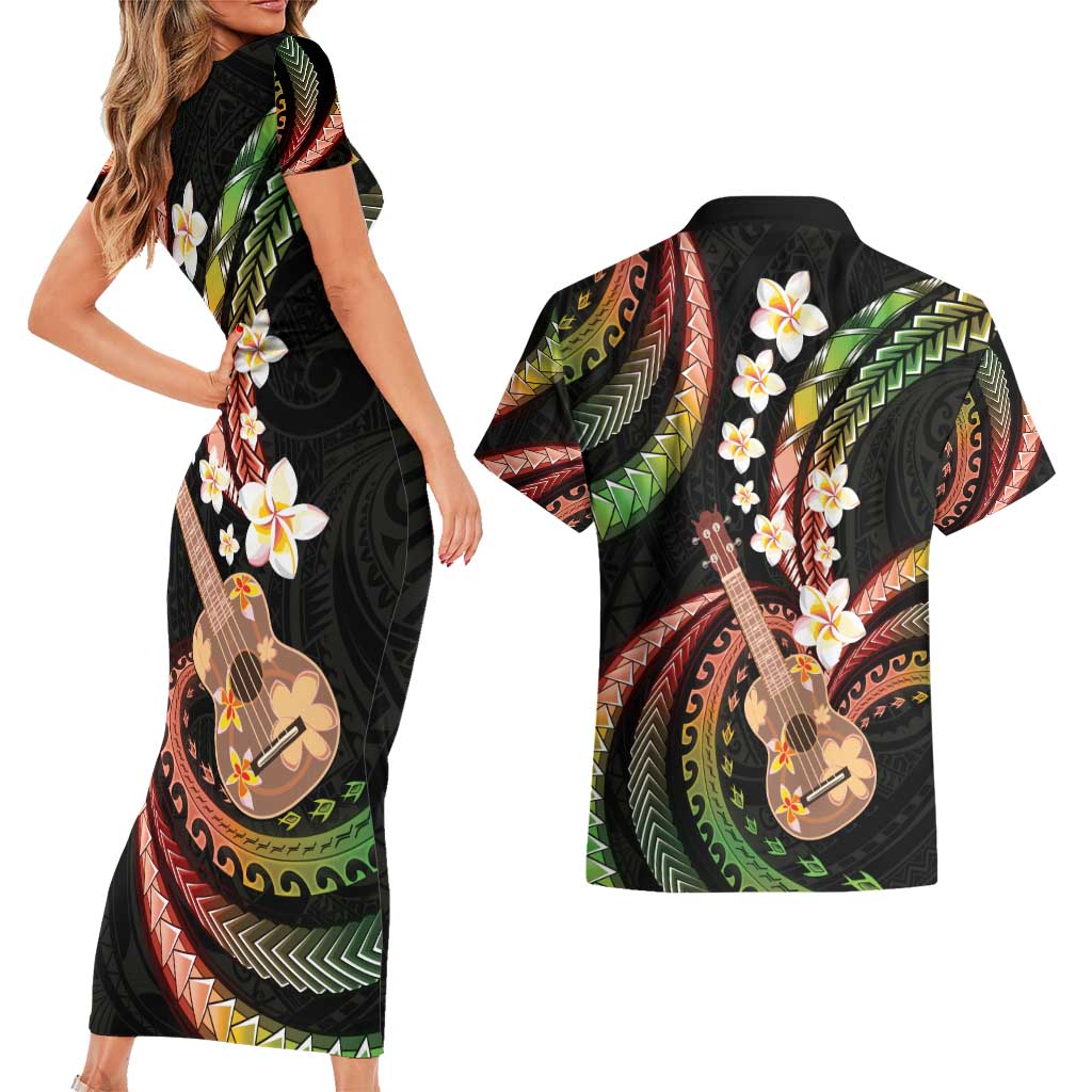 Hawaiian Ukulele Couples Matching Short Sleeve Bodycon Dress and Hawaiian Shirt Jawaiian Fantastic Plumeria LT01 - Polynesian Pride