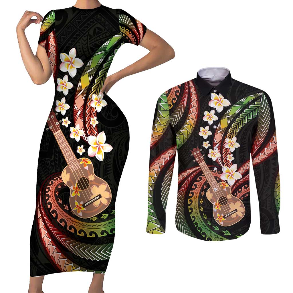 Hawaiian Ukulele Couples Matching Short Sleeve Bodycon Dress and Long Sleeve Button Shirt Jawaiian Fantastic Plumeria LT01 Reggae - Polynesian Pride